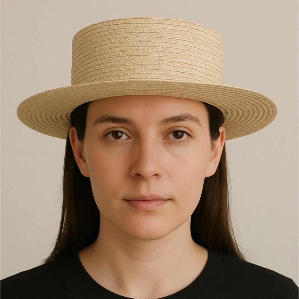 ARDEO Studios Italy‎ Straw Metallic Boater Hat Medium Wide Brim Paper Silk Lined